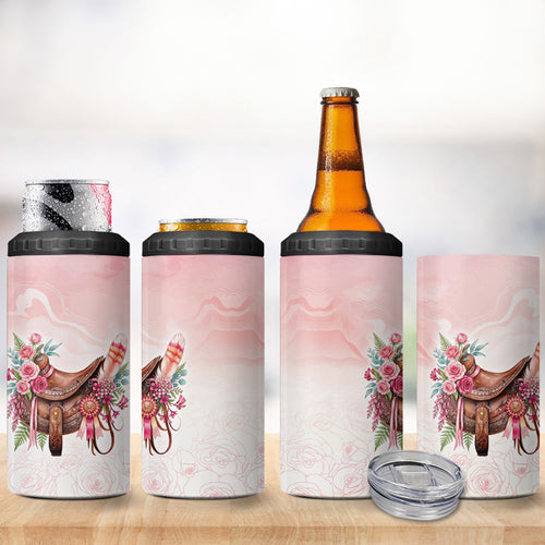 Melbourne Horse Floral Saddle 4 in 1 Can Cooler Tumbler Pink Rose With Waxflower Flowers