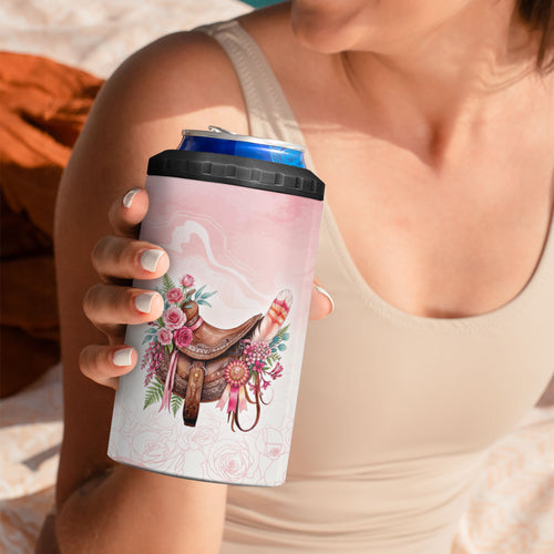 Melbourne Horse Floral Saddle 4 in 1 Can Cooler Tumbler Pink Rose With Waxflower Flowers