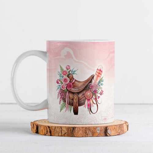 Melbourne Horse Floral Saddle Ceramic Mug Pink Rose With Waxflower Flowers