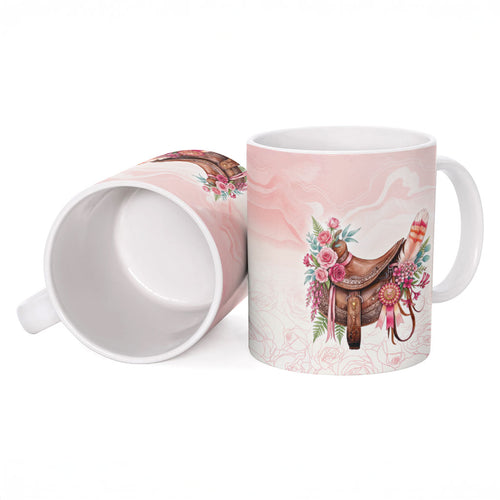 Melbourne Horse Floral Saddle Ceramic Mug Pink Rose With Waxflower Flowers