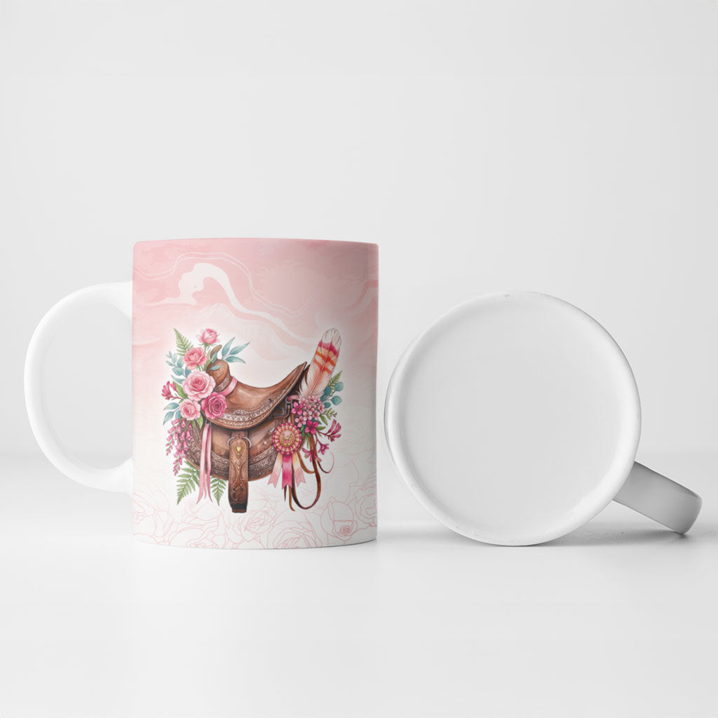 Melbourne Horse Floral Saddle Ceramic Mug Pink Rose With Waxflower Flowers