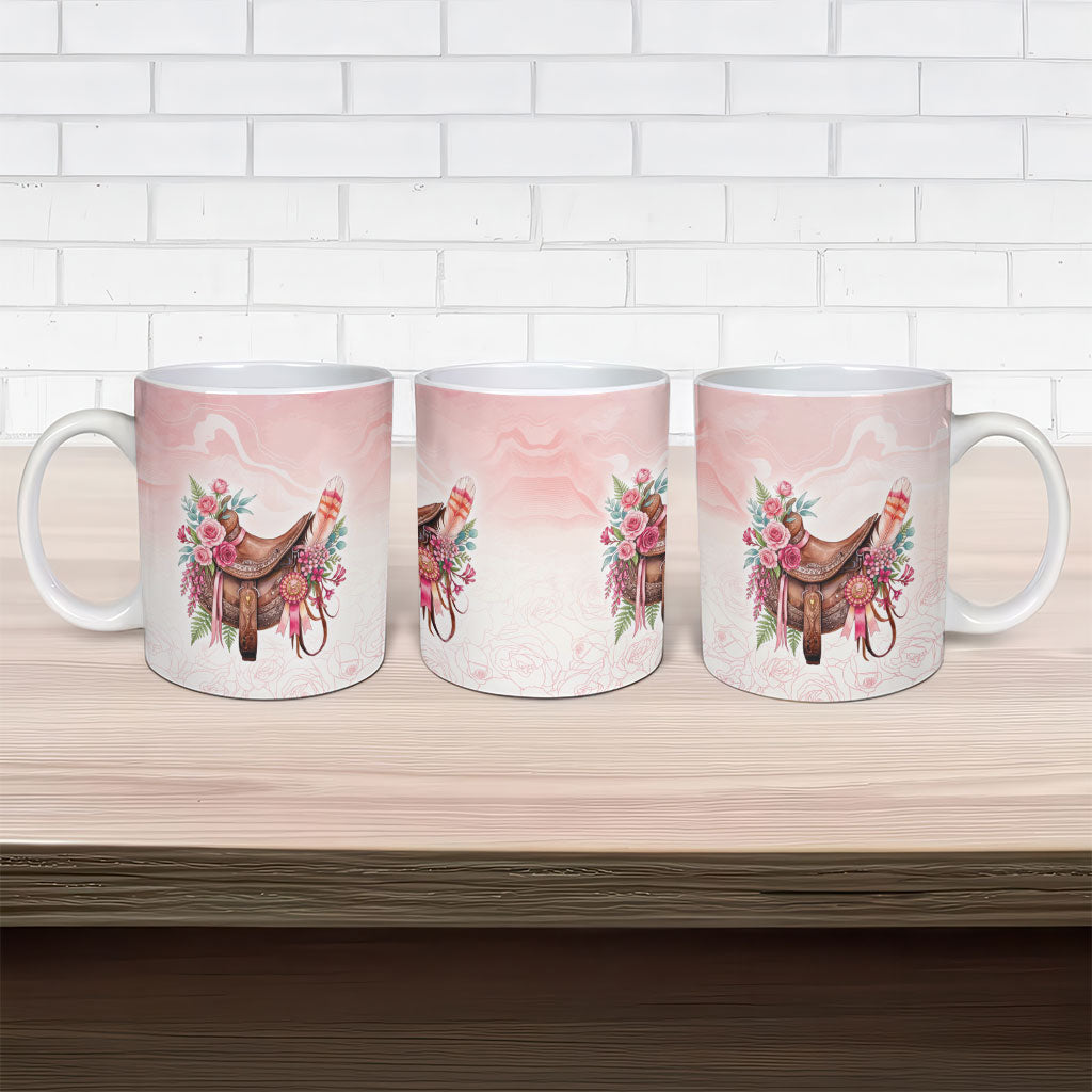 Melbourne Horse Floral Saddle Ceramic Mug Pink Rose With Waxflower Flowers