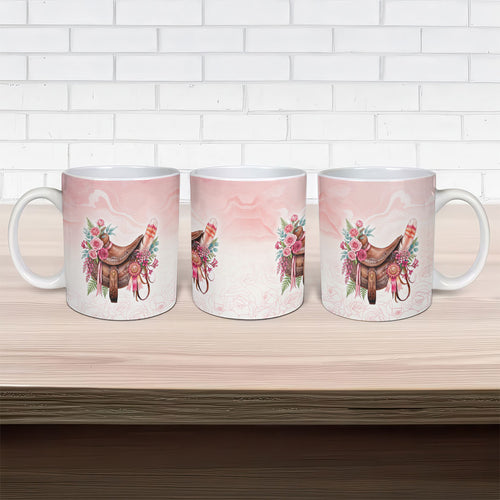 Melbourne Horse Floral Saddle Ceramic Mug Pink Rose With Waxflower Flowers
