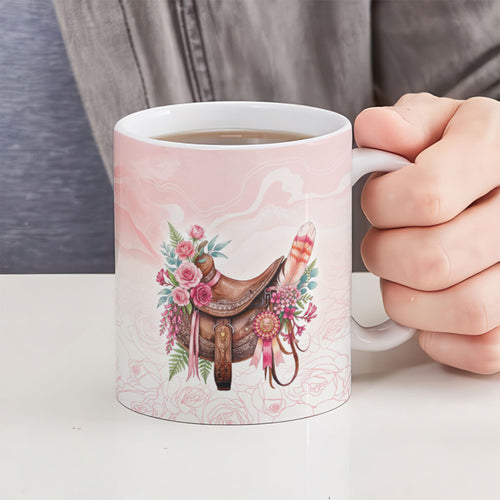Melbourne Horse Floral Saddle Ceramic Mug Pink Rose With Waxflower Flowers