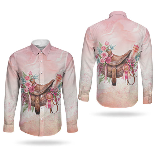 Melbourne Horse Floral Saddle Couples Matching Off Shoulder Short Dress and Long Sleeve Button Shirt Pink Rose With Waxflower Flowers
