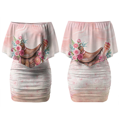 Melbourne Horse Floral Saddle Couples Matching Off Shoulder Short Dress and Long Sleeve Button Shirt Pink Rose With Waxflower Flowers