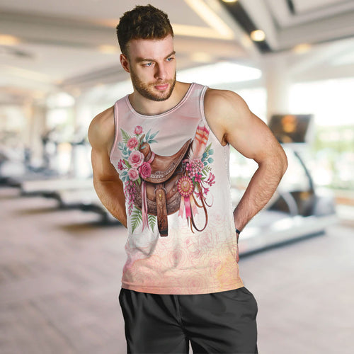 Melbourne Horse Floral Saddle Men Tank Top Pink Rose With Waxflower Flowers