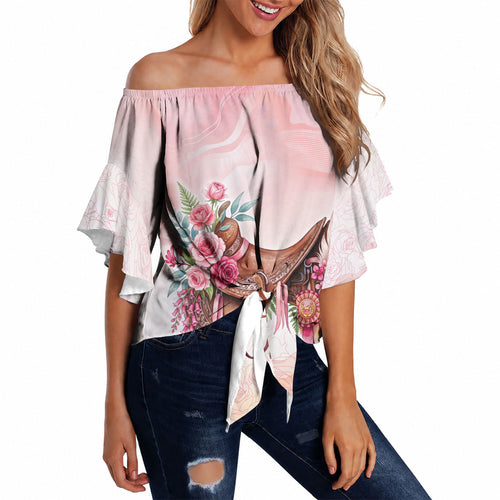 Melbourne Horse Floral Saddle Off Shoulder Wrap Waist Top Pink Rose With Waxflower Flowers