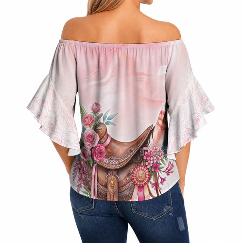 Melbourne Horse Floral Saddle Off Shoulder Wrap Waist Top Pink Rose With Waxflower Flowers