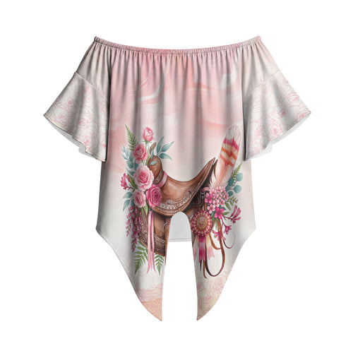 Melbourne Horse Floral Saddle Off Shoulder Wrap Waist Top Pink Rose With Waxflower Flowers