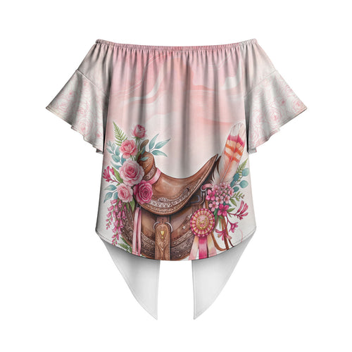 Melbourne Horse Floral Saddle Off Shoulder Wrap Waist Top Pink Rose With Waxflower Flowers