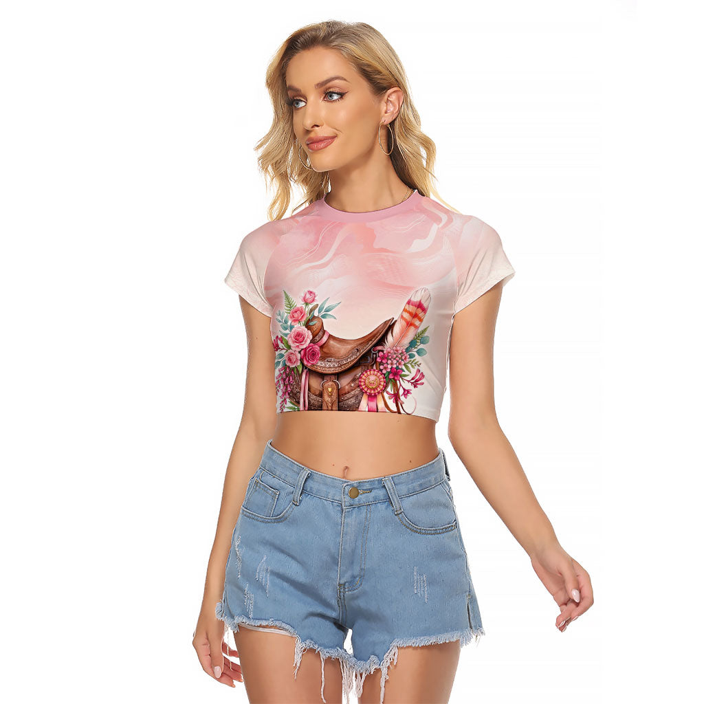Melbourne Horse Floral Saddle Raglan Cropped T Shirt Pink Rose With Waxflower Flowers