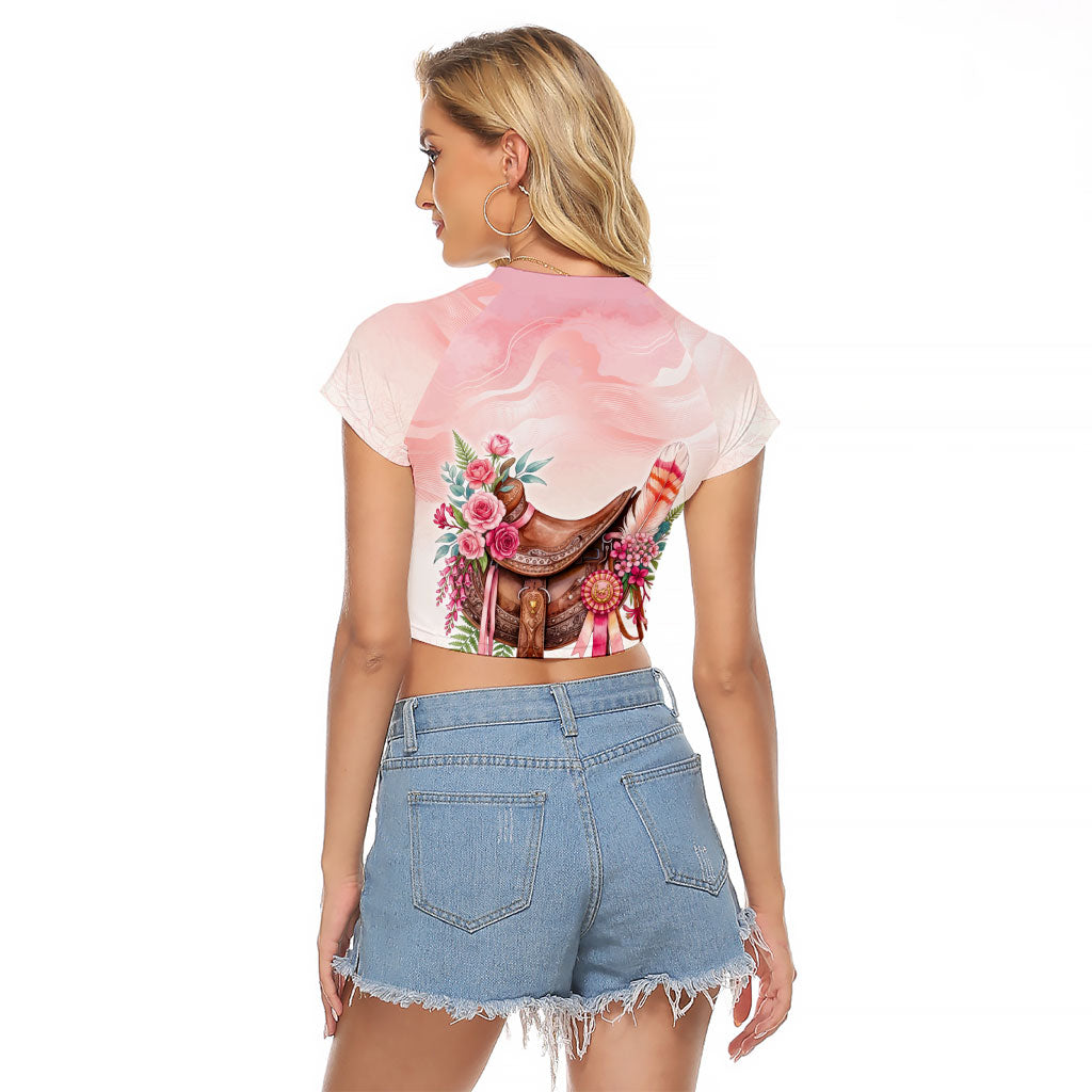 Melbourne Horse Floral Saddle Raglan Cropped T Shirt Pink Rose With Waxflower Flowers