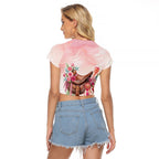 Melbourne Horse Floral Saddle Raglan Cropped T Shirt Pink Rose With Waxflower Flowers