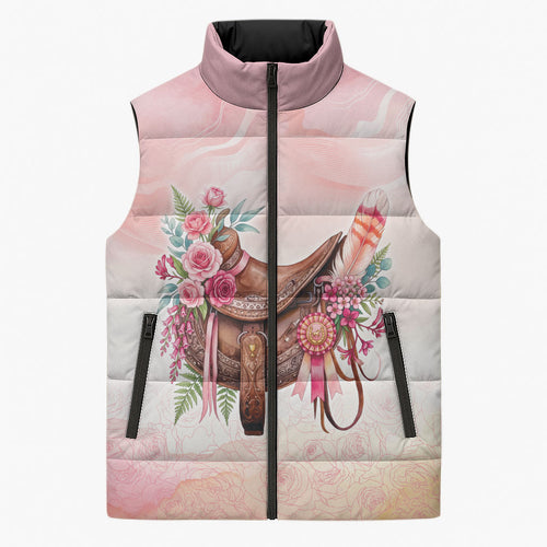 Melbourne Horse Floral Saddle Sleeveless Puffer Jacket Pink Rose With Waxflower Flowers