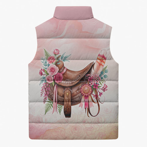 Melbourne Horse Floral Saddle Sleeveless Puffer Jacket Pink Rose With Waxflower Flowers