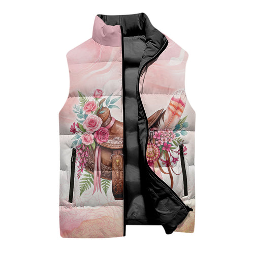 Melbourne Horse Floral Saddle Sleeveless Puffer Jacket Pink Rose With Waxflower Flowers