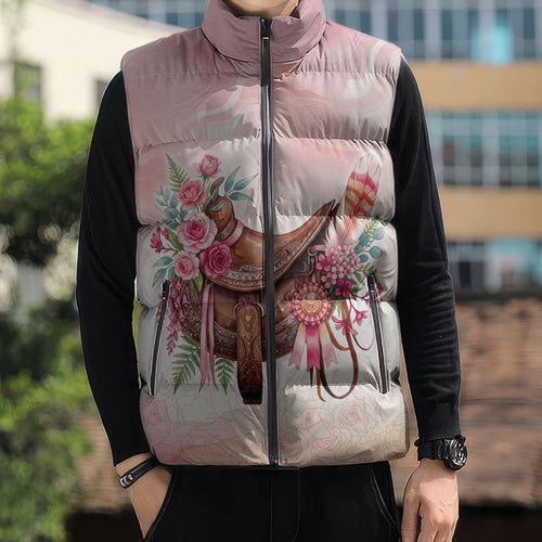 Melbourne Horse Floral Saddle Sleeveless Puffer Jacket Pink Rose With Waxflower Flowers