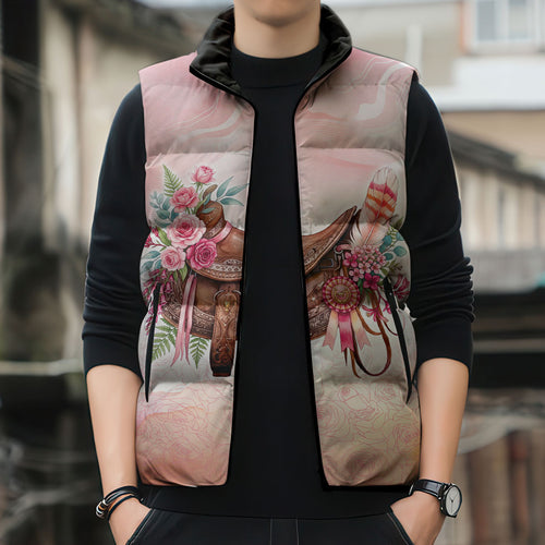 Melbourne Horse Floral Saddle Sleeveless Puffer Jacket Pink Rose With Waxflower Flowers