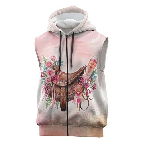 Melbourne Horse Floral Saddle Sleeveless Zip Hoodie Pink Rose With Waxflower Flowers