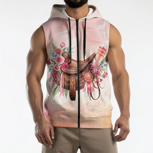 Melbourne Horse Floral Saddle Sleeveless Zip Hoodie Pink Rose With Waxflower Flowers