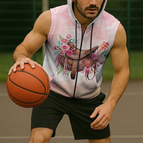 Melbourne Horse Floral Saddle Sleeveless Zip Hoodie Pink Rose With Waxflower Flowers