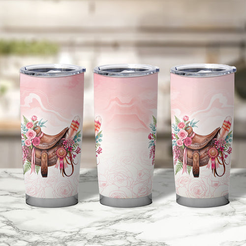 Melbourne Horse Floral Saddle Tumbler Cup Pink Rose With Waxflower Flowers