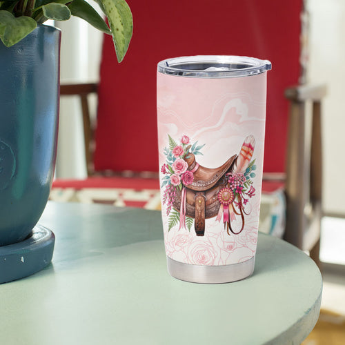 Melbourne Horse Floral Saddle Tumbler Cup Pink Rose With Waxflower Flowers