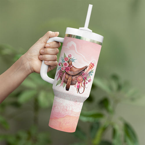 Melbourne Horse Floral Saddle Tumbler With Handle Pink Rose With Waxflower Flowers