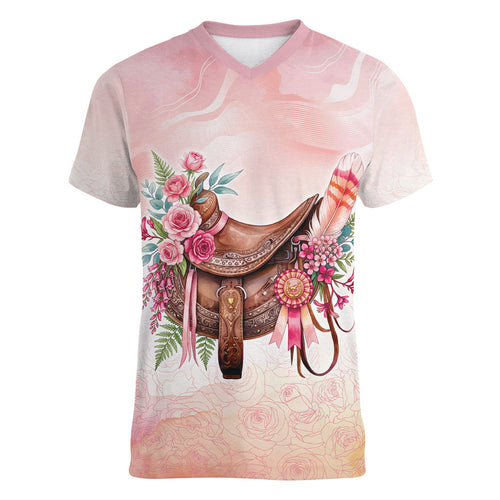 Melbourne Horse Floral Saddle Women V-Neck T-Shirt Pink Rose With Waxflower Flowers