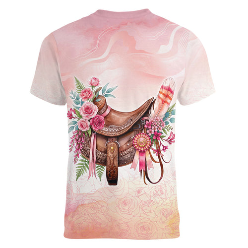 Melbourne Horse Floral Saddle Women V-Neck T-Shirt Pink Rose With Waxflower Flowers