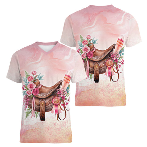 Melbourne Horse Floral Saddle Women V-Neck T-Shirt Pink Rose With Waxflower Flowers