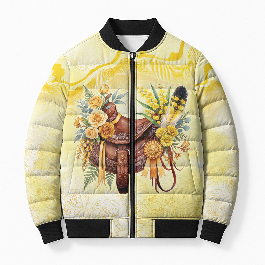 Melbourne Horse Floral Saddle Bomber Puffer Jacket Yellow Rose With Wattle Flowers