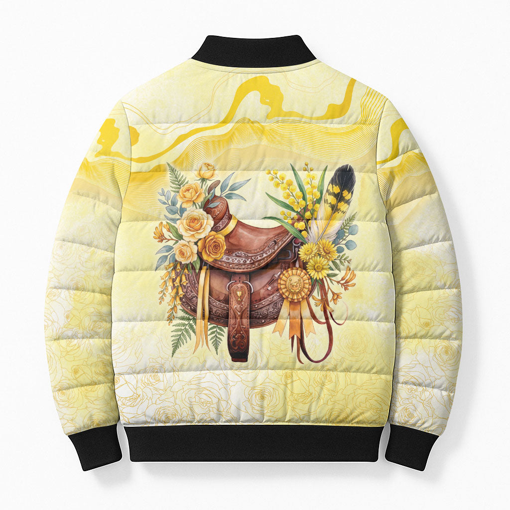 Melbourne Horse Floral Saddle Bomber Puffer Jacket Yellow Rose With Wattle Flowers
