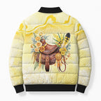 Melbourne Horse Floral Saddle Bomber Puffer Jacket Yellow Rose With Wattle Flowers