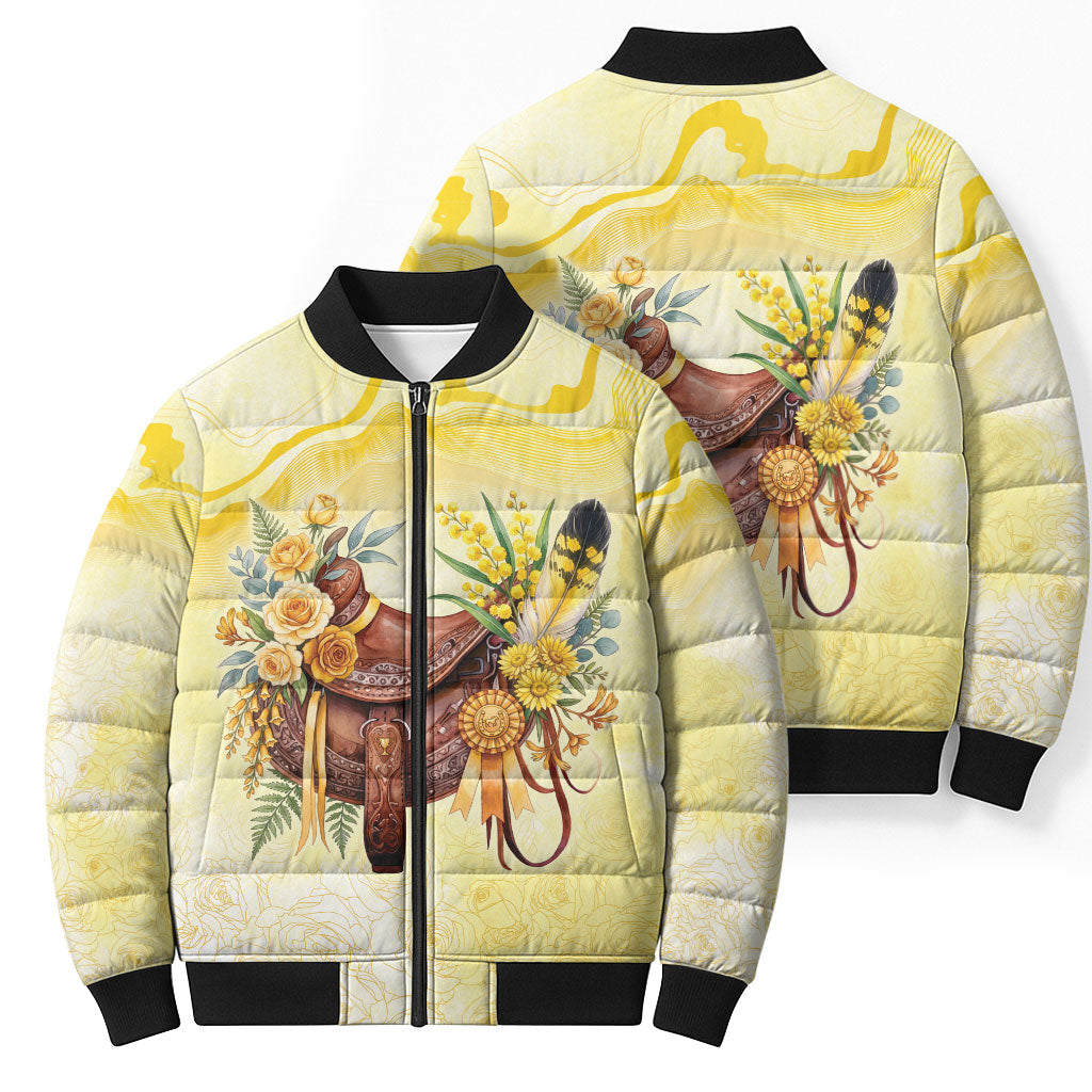 Melbourne Horse Floral Saddle Bomber Puffer Jacket Yellow Rose With Wattle Flowers