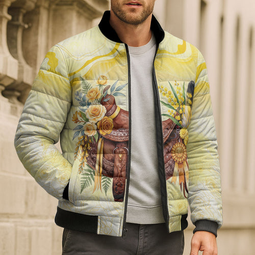 Melbourne Horse Floral Saddle Bomber Puffer Jacket Yellow Rose With Wattle Flowers