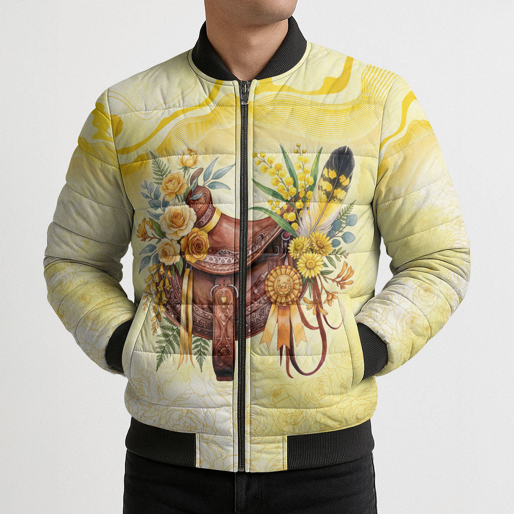 Melbourne Horse Floral Saddle Bomber Puffer Jacket Yellow Rose With Wattle Flowers