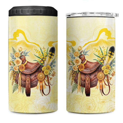 Melbourne Horse Floral Saddle 4 in 1 Can Cooler Tumbler Yellow Rose With Wattle Flowers