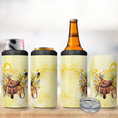 Melbourne Horse Floral Saddle 4 in 1 Can Cooler Tumbler Yellow Rose With Wattle Flowers