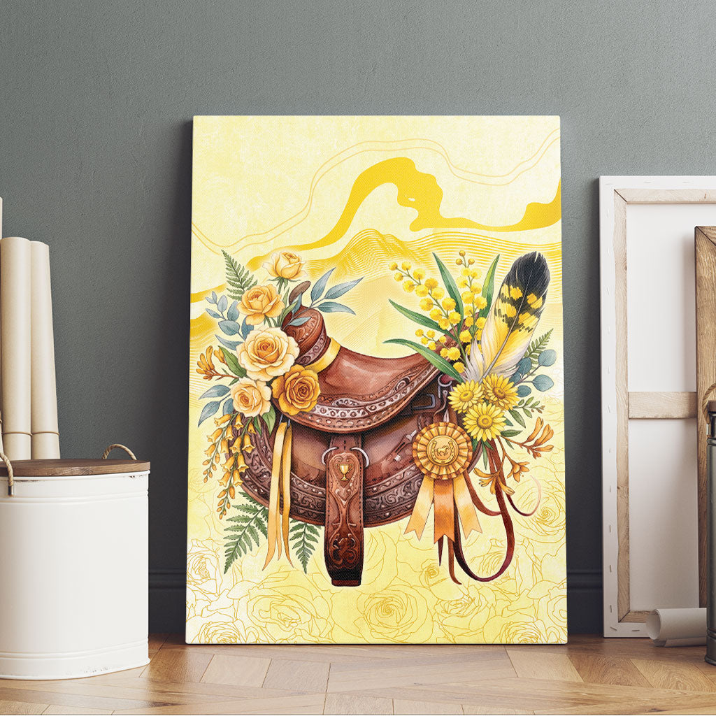 Melbourne Horse Floral Saddle Canvas Wall Art Yellow Rose With Wattle Flowers
