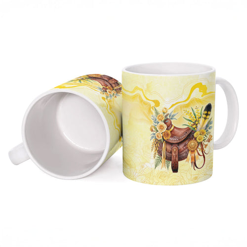 Melbourne Horse Floral Saddle Ceramic Mug Yellow Rose With Wattle Flowers