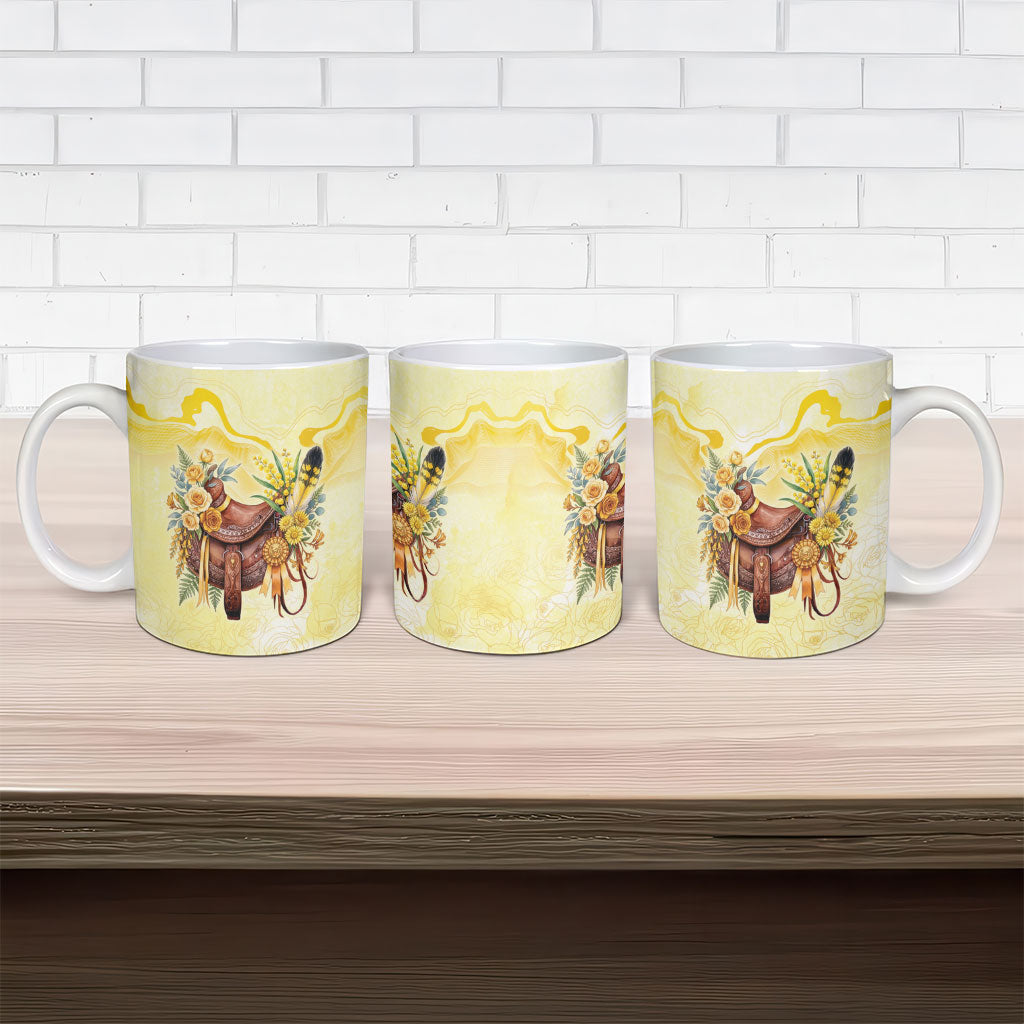Melbourne Horse Floral Saddle Ceramic Mug Yellow Rose With Wattle Flowers