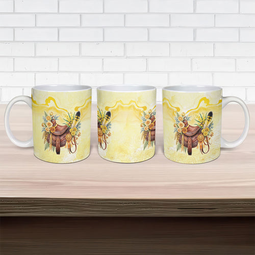 Melbourne Horse Floral Saddle Ceramic Mug Yellow Rose With Wattle Flowers