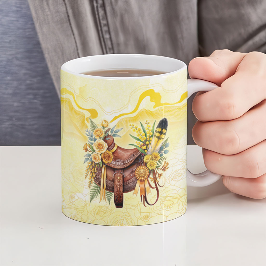 Melbourne Horse Floral Saddle Ceramic Mug Yellow Rose With Wattle Flowers