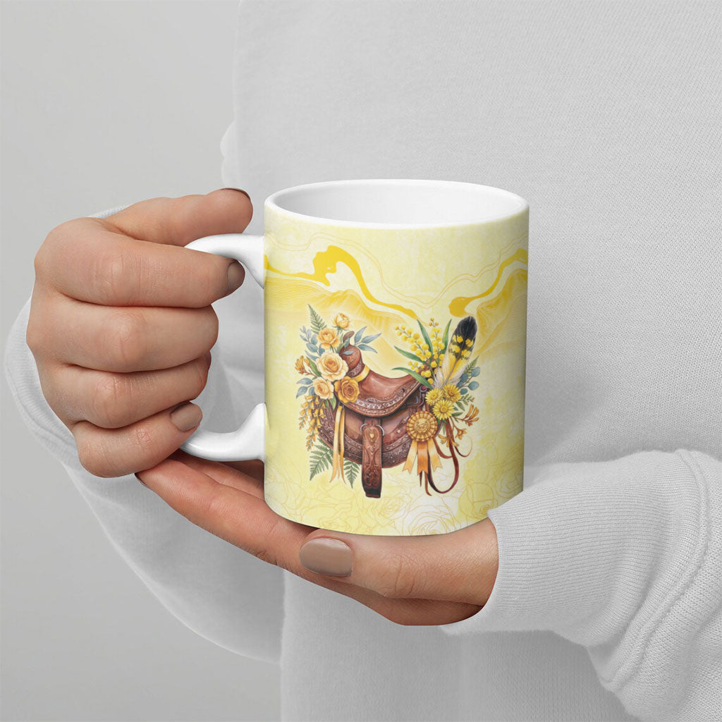 Melbourne Horse Floral Saddle Ceramic Mug Yellow Rose With Wattle Flowers