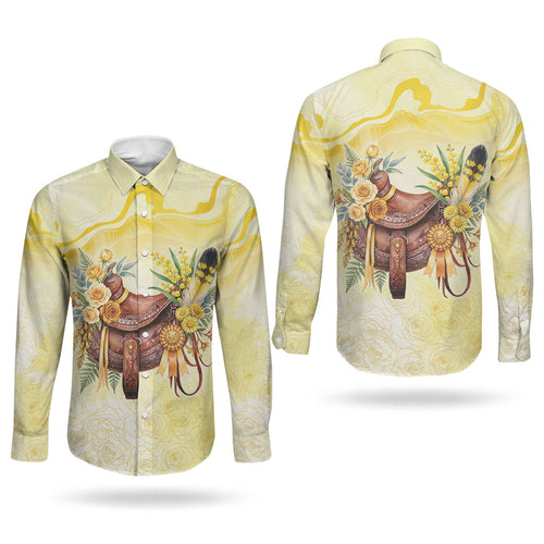 Melbourne Horse Floral Saddle Couples Matching Off Shoulder Short Dress and Long Sleeve Button Shirt Yellow Rose With Wattle Flowers