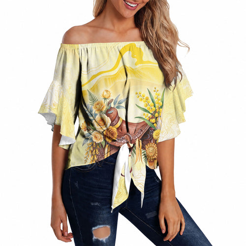 Melbourne Horse Floral Saddle Off Shoulder Wrap Waist Top Yellow Rose With Wattle Flowers
