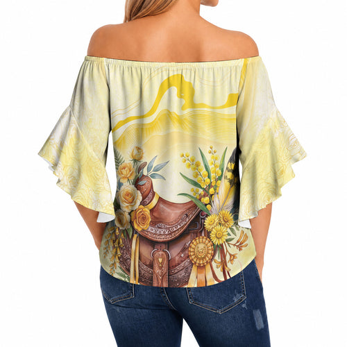 Melbourne Horse Floral Saddle Off Shoulder Wrap Waist Top Yellow Rose With Wattle Flowers