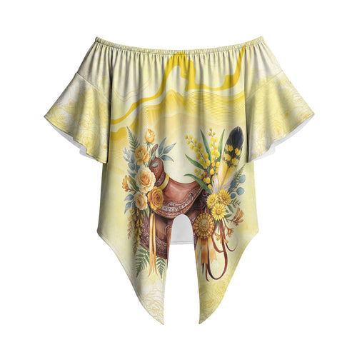 Melbourne Horse Floral Saddle Off Shoulder Wrap Waist Top Yellow Rose With Wattle Flowers